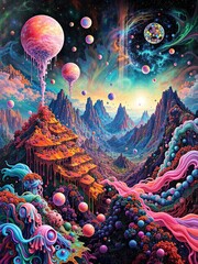 Abstract surreal fantasy landscape with vibrant alien mountains, floating planets, melting spheres, and colorful cosmic rivers. This psychedelic dreamworld artwork features rich neon colors, extraterr
