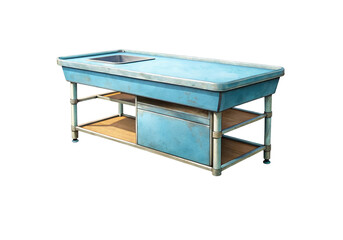 Light blue industrial style utility sink table with shelving on a white background