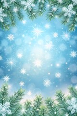 Abstract Christmas background with a seamless border of white snowflakes and fir branches at the top, fading into a light blue gradient.