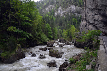 Bicaz Gorge in Romania showcases dramatic cliffs, dense pine forests, and a wild mountain river...
