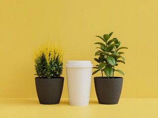Yellow Background Minimalist Scene Two Plants Coffee Cup