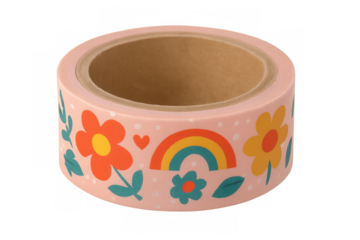 Roll of pink decorative adhesive tape with floral and rainbow designs, isolated on transparent background