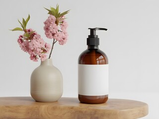 Amber Bottle Pump Dispenser with Pink Flowers in Vase on Wood