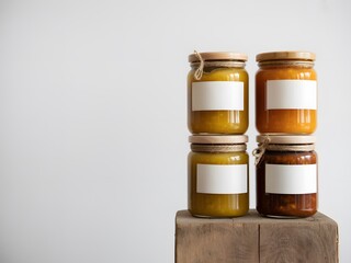 Four Glass Jars of Preserves with Blank Labels on Wooden Block