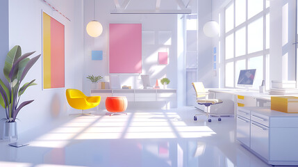 Bright modern office interior with minimalist design featuring a desk chair computer and colorful decorations in a clean and spacious environment