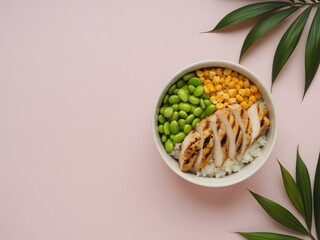 Overhead View of Chicken Rice Bowl with Edamame and Corn