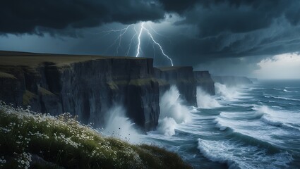 Fototapeta premium Dramatic Cliffs with Stormy Sea Lightning and Crashing Waves Scene