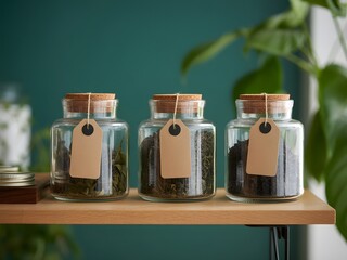 Three Glass Jars Dried Tea Leaves Cork Lids Beige Tags