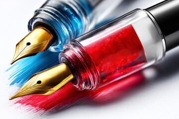 Two luxury fountain pens with red and blue shimmering ink strokes, featuring ornate golden nibs, placed on clean white paper