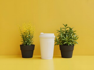 White Coffee Cup Between Yellow and Green Plants in Black Pots Yellow Background