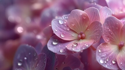 Close-up of Pink Hydrangea Flowers with Dew Drops