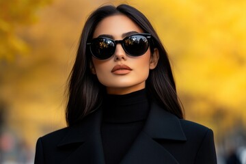 Young woman in autumn season street style with trendy sunglasses and cityscape backdrop. Contemporary fashion, cool and chic urban style.