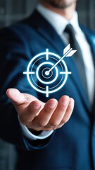 Businessman holding glowing target icon with arrow representing goal achievement, precision, success, and strategic focus in a business or personal growth context.