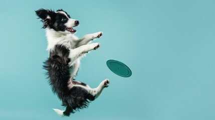 Playful puppy mid-air, catching a frisbee
