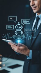 Businessman interacting with AI chat bot interface on digital tablet. Artificial intelligence, virtual assistant, business technology, digital communication.