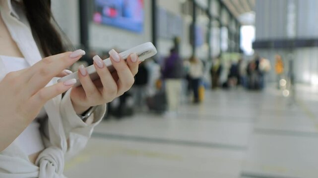 Woman is holding a cell phone in a busy airport. She is looking at the screen while people walk by her