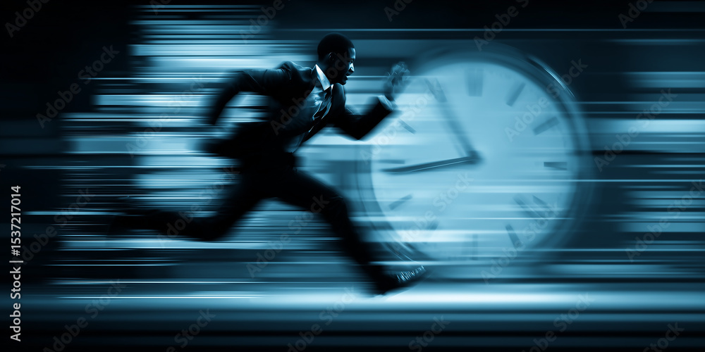 Poster businessman running fast with motion blur and clock background