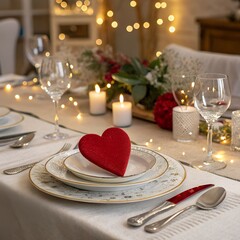 Table setting with red heart for festive dinner