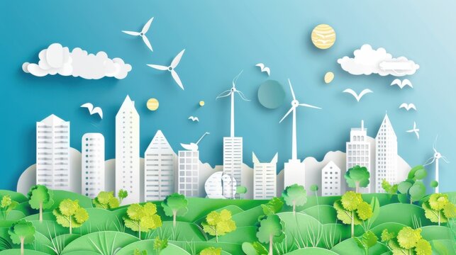 A conceptual illustration of Earth's energy-efficient sustainable smart cities, designed in a smart city vitality art style, Simplified paper art illustration of