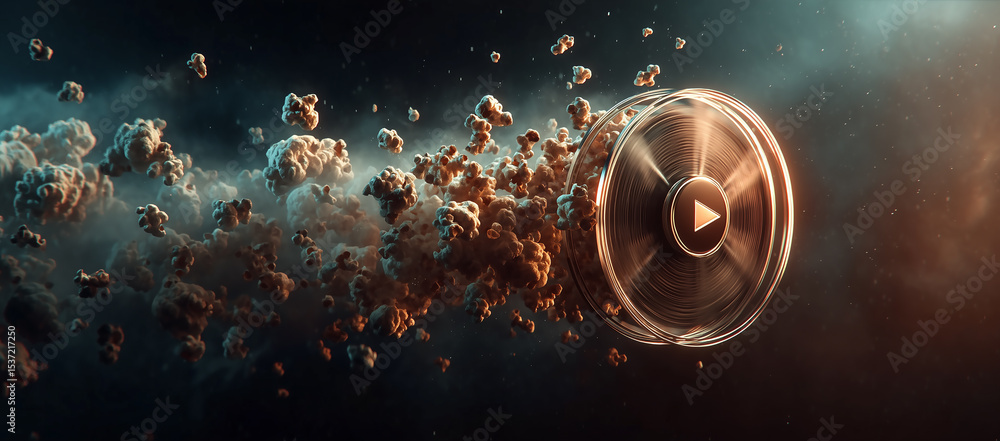 Poster play button generating a cloud of digital data, futuristic streaming technology