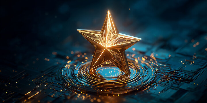 Golden star shining over futuristic circuit board, innovation and technology