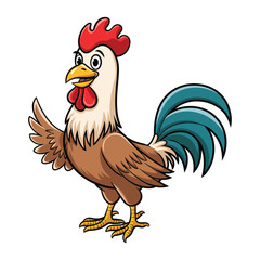 A cheerful cartoon rooster with a red comb, a yellow beak, and a bright, friendly expression. The rooster has a brown body with detailed wings and chest feathers.