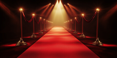 Red carpet leading to spotlights with golden stanchions and ropes in the dark