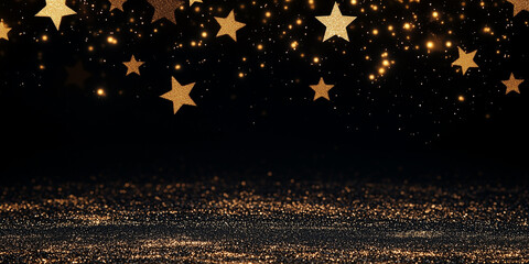 Golden glitter stars falling on a sparkling black background