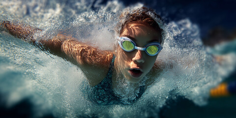 Young female swimmer diving underwater in swimming pool