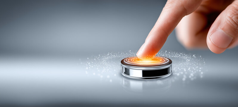 Businessman pressing futuristic digital button activating innovation and technology
