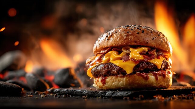 Juicy burger with melted cheese and bacon, presented against a fiery background.