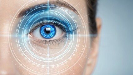 A close-up of an eye with a futuristic digital overlay, showcasing advanced technology and innovation in vision or security systems.