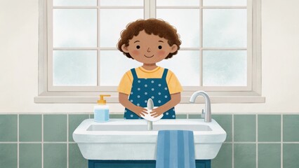 A young child with curly hair washes hands at a sink, promoting hygiene in a bright, cozy bathroom setting.