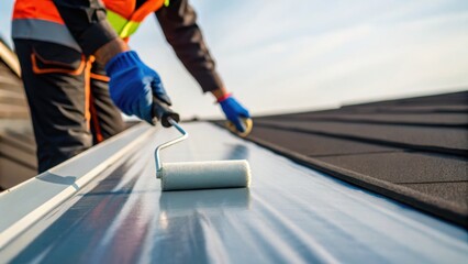 A worker applies a protective coating on a roof using a paint roller, showcasing construction and maintenance efforts in bright daylight.