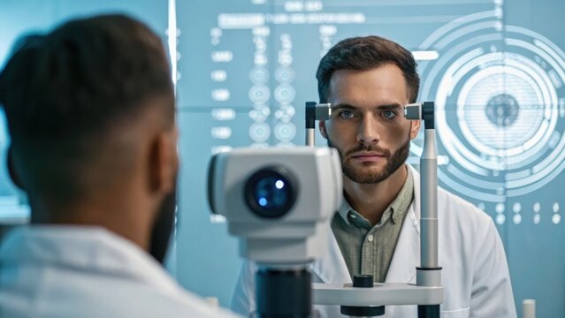 A healthcare professional conducts an eye examination using advanced technology, with digital display data in the background.