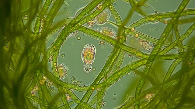 3D animation: Green filamentous algae with smaller protists. Brightfield microscopy style. Aquatic life, biology, science visualization.