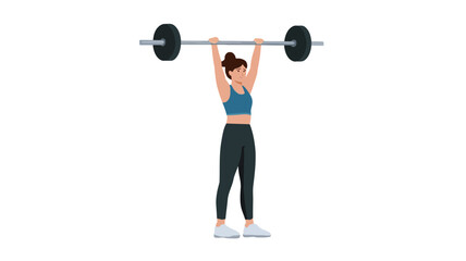 Obraz premium The image is a vector illustration depicting a young woman performing an overhead press with a barbell. She is shown in profile view, facing forward, against a plain white background. 