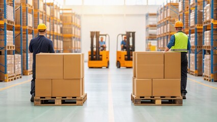 Warehouse workers move pallets in a distribution center while forklifts operate in the background, showcasing logistics and teamwork in action.