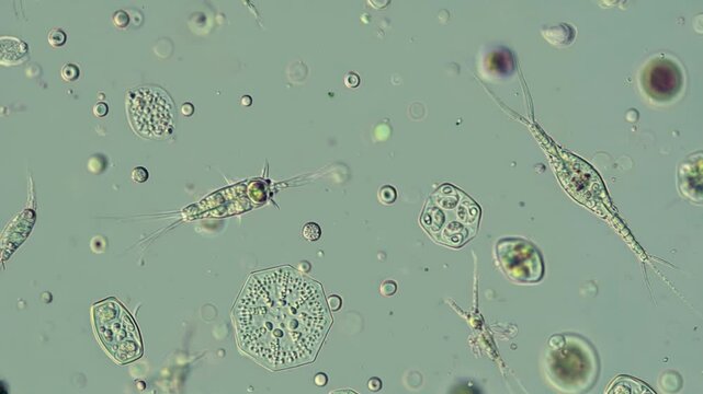 3D animation: Diverse plankton, algae, diatoms float in light water. Microscopic brightfield style. Science, biology visualization.