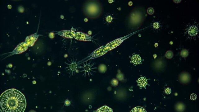 3D animation: Green glowing plankton, algae, and diatoms float in dark water. Microscopic aquatic life, darkfield microscopy style. Science, biology visualization.