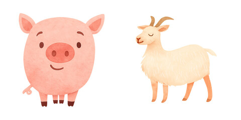 Cartoon Pig and Goat Standing, Cute Farm Animals Illustration
