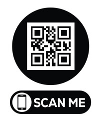 Centered black and white QR code grid on pure white background. Minimalist overhead view. Below, a centered "SCAN ME" button with smartphone icon. Clean, functional design for easy scanning.