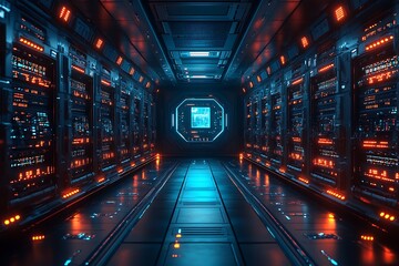 Futuristic server room interior with glowing lights and modern data center technology