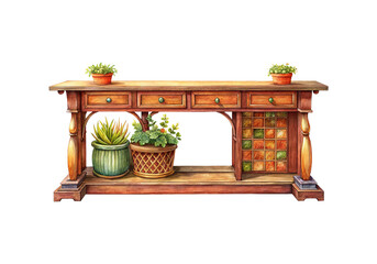 Watercolor Illustration of a Wooden Console Table with Plants and Tile Backing