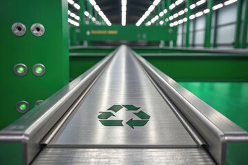 Up-close view of a recycled steel beam featuring an eco-friendly icon, highlighting sustainability in construction. Concept of Recycled Metal in Engineering: Sustainable Industry Solutions.