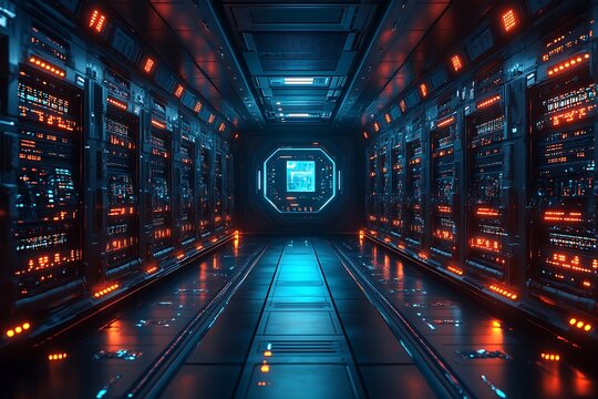 Futuristic server room interior with glowing lights and modern data center technology