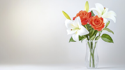Obraz premium beautiful arrangement of white lilies and orange roses in clear glass vase, creating serene and elegant atmosphere