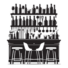 Silhouette Detailed Bar Scene Vector Illustration with Bottles and Stools