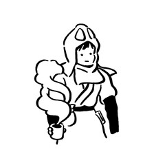 Hooded figure with steaming cup, mysterious and cozy