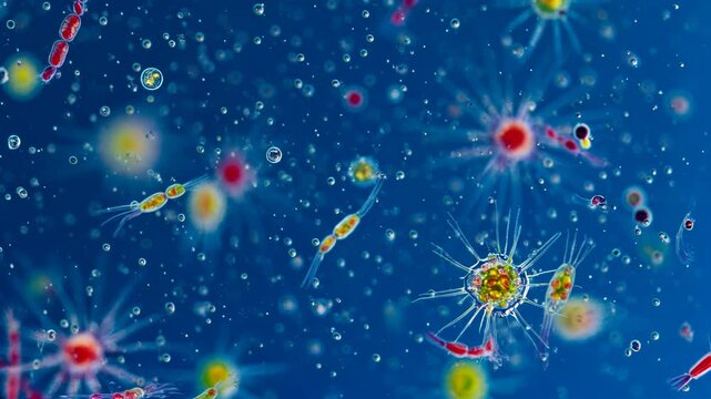 3D animation: Diverse aquatic microbes. Central spiky green colonial organism, flagellates drift in blue water with bubbles and particles. Science, biology visualization.